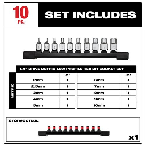 Main product image of 10 Piece 1/4" Drive Low-Profile Hex Bit Socket Set - Metric, 48-22-9545