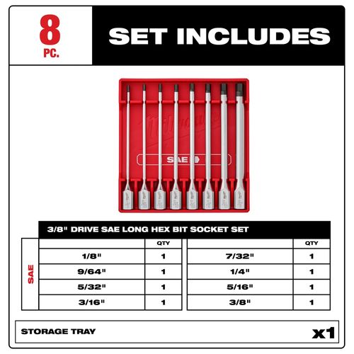 Main product image of 8 Piece 3/8" Drive Long Hex Bit Socket Set - SAE, 48-22-9546