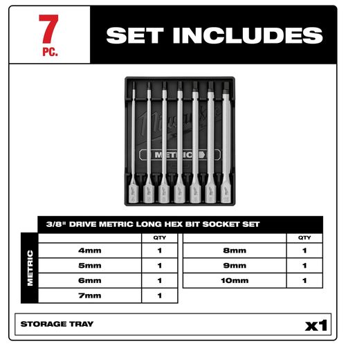 Main product image of 7 Piece 3/8" Drive Long Hex Bit Socket Set - Metric, 48-22-9547