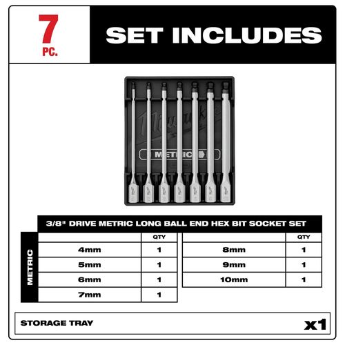Main product image of 7 Piece 3/8" Drive Long Ball End Hex Bit Socket Set - Metric, 48-22-9548