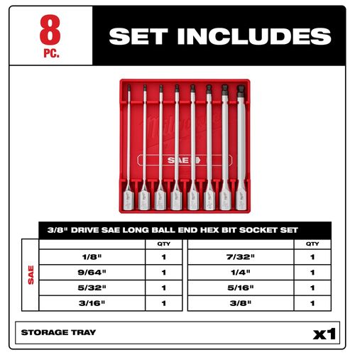 Main product image of 8 Piece 3/8" Drive Long Ball End Hex Bit Socket Set - SAE, 48-22-9549