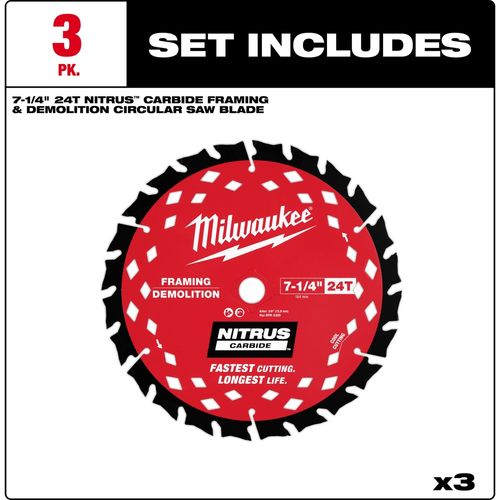Main product image of 7-1/4" 24T NITRUS Carbide Framing & Demolition Circular Saw Blade - (Pack of 3), 48-40-0753