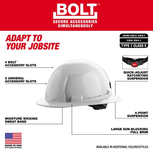 Main product image of BOLT Black Full Brim Hard Hat w/ 4 pt Ratcheting Suspension (USA) - Type 1, Class E, 48-73-1111