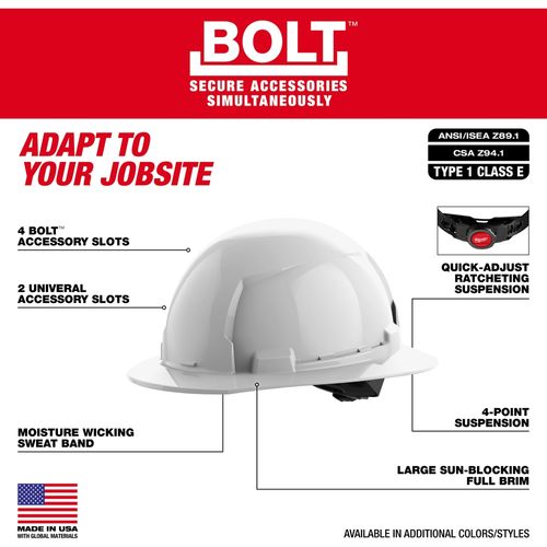 Main product image of BOLT Gray Full Brim Hard Hat w/4pt Ratcheting Suspension (USA) - Type 1, Class E, 48-73-1115