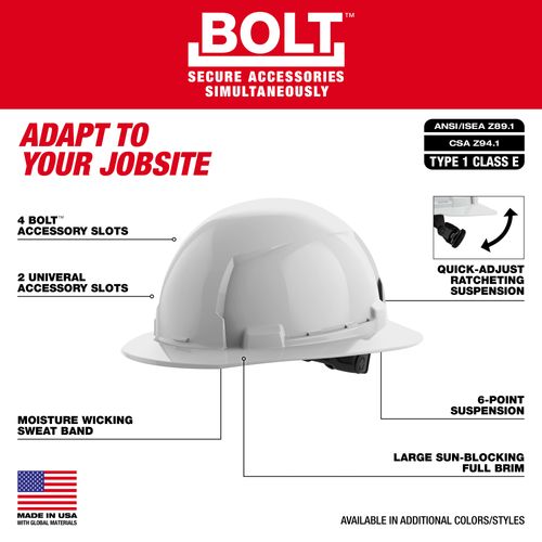Main product image of BOLT White Full Brim Hard Hat w/ 6 pt Ratcheting Suspension (USA) - Type 1, Class E, 48-73-1121
