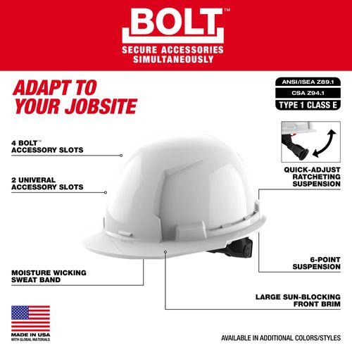 Main product image of BOLT Blue Front Brim Hard Hat w/ 6 pt Ratcheting Suspension (USA) - Type 1, Class E, 48-73-1124