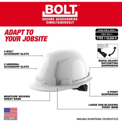 Main product image of BOLT Black Front Brim Hard Hat w/6pt Ratcheting Suspension (USA) - Type 1, Class E, 48-73-1130