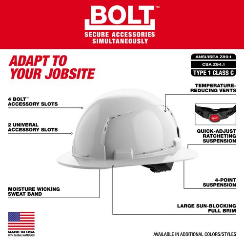 Main product image of BOLT Blue Full Brim Vented Hard Hat w/ 4 pt Ratcheting Suspension (USA) - Type 1, Class C, 48-73-1205