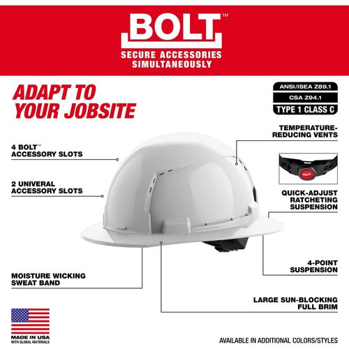 Main product image of BOLT Orange Full Brim Vented Hard Hat w/4pt Ratcheting Suspension (USA) - Type 1, Class C