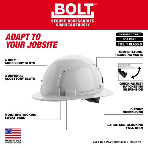Main product image of BOLT Blue Full Brim Vented Hard Hat w/ 6 pt Ratcheting Suspension (USA) - Type 1, Class C, 48-73-1225