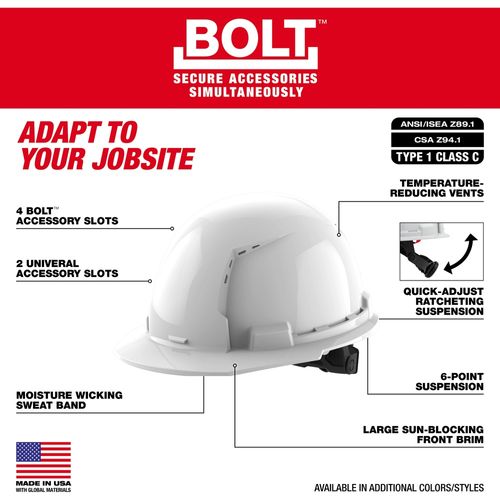 Main product image of BOLT Black Front Brim Vented Hard Hat w/6pt Ratcheting Suspension (USA) - Type 1, Class C