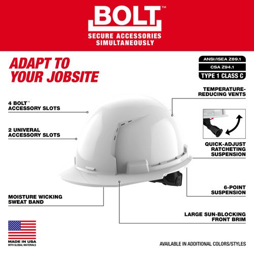 Main product image of BOLT Gray Front Brim Vented Hard Hat w/ 6 pt Ratcheting Suspension (USA) - Type 1, Class C, 48-73-1234