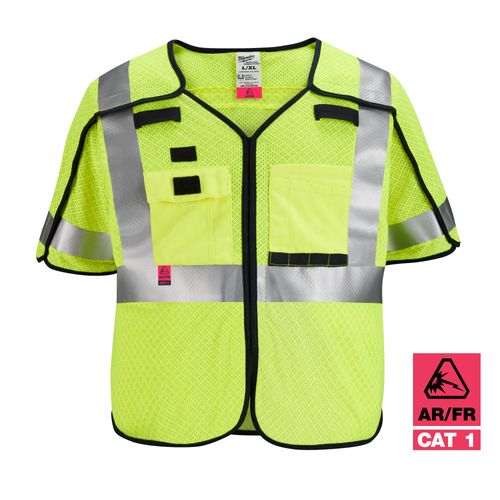 Main product image of AR/FR Cat. 1 Class 3 Breakaway High Visibility Yellow Mesh Safety Vest, ANSI/CSA (4XL/5XL), 48-73-5234