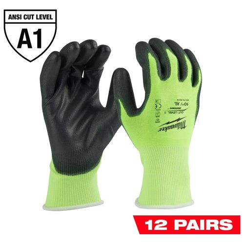 Main product image of 12 Pair High Visibility Cut Level 1 Polyurethane Dipped Gloves (XL), 48-73-8913B