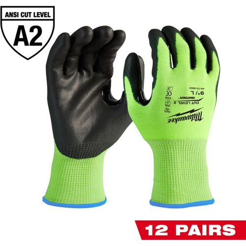 Main product image of 12 Pair High Visibility Cut Level 2 Polyurethane Dipped Gloves (XL) 48-73-8923B