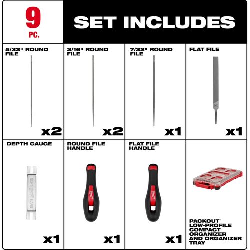 Main product image of 9 Piece Saw Chain Sharpening Set with PACKOUT Low-Profile Compact Organizer, 49-16-2880