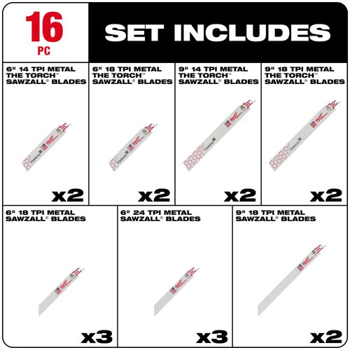 Main product image of 16 Piece Metal Cutting Sawzall Blade Set, 49-22-1216