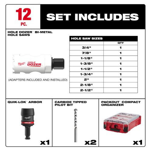 Main product image of 12 Piece QUIK LOK Hole Dozer Bi-Metal Hole Saw Kit w/ PACKOUT Compact Organizer