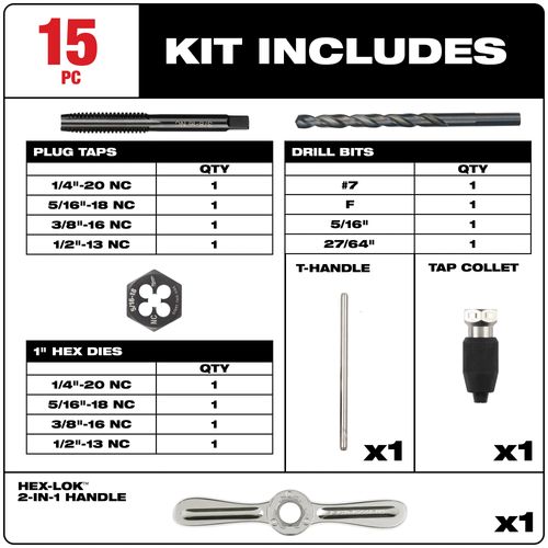 Main product image of 15 Piece SAE Tap and Die Set with HEX-LOK 2-in-1 Handle, 49-22-5602