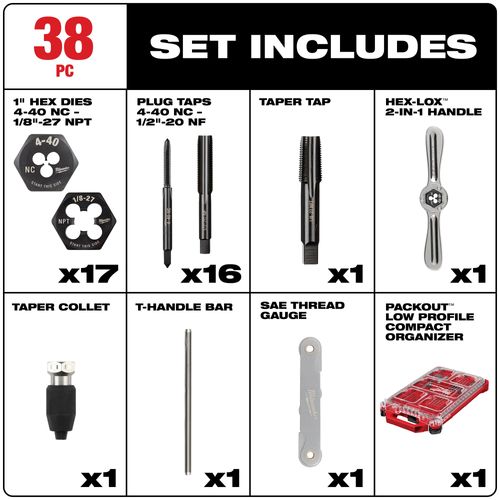 Main product image of 38 Piece SAE Tap & Die PACKOUT Set w/ HEX-LOK 2-in-1 Handle, 49-22-5604