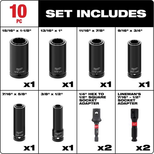 Main product image of 10 Piece SHOCKWAVE Impact Duty Lineman's 2-in-1 12PT Socket Set, 49-66-5125