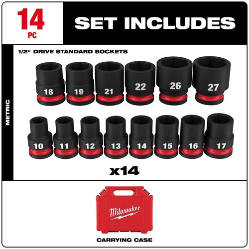 Main product image of 14 Piece SHOCKWAVE Impact Duty 1/2" Drive Metric Standard 6 Point Socket Set, 49-66-7013