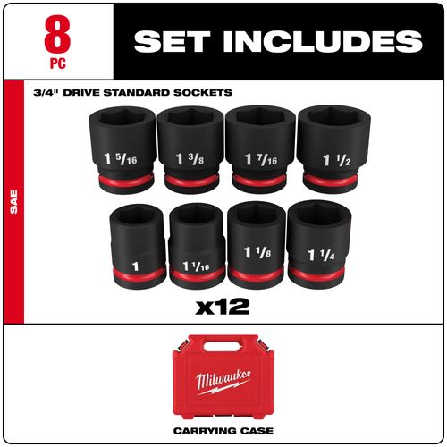 Main product image of 8 Piece SHOCKWAVE Impact Duty 3/4" Drive SAE Standard 6 Point Socket Set, 49-66-7017