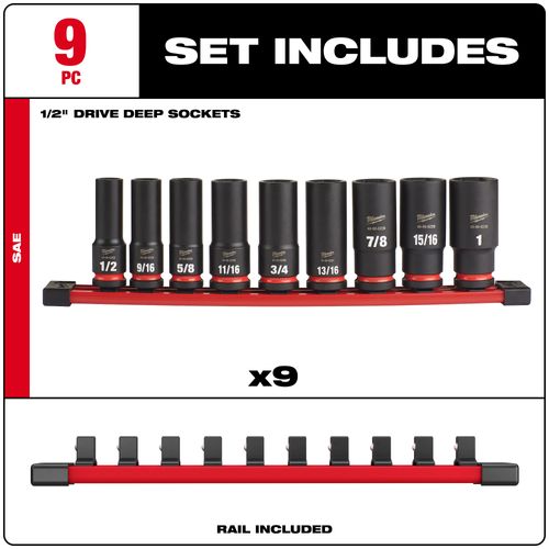 Main product image of 9 Piece SHOCKWAVE Impact Duty 1/2" Drive SAE Deep 6 Point Socket Set, 49-66-7022