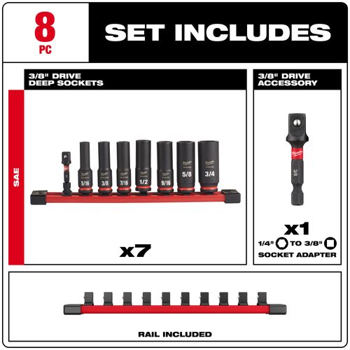 Main product image of 8 Piece SHOCKWAVE Impact Duty 3/8" Drive SAE Deep 6 Point Socket Set, 49-66-7024