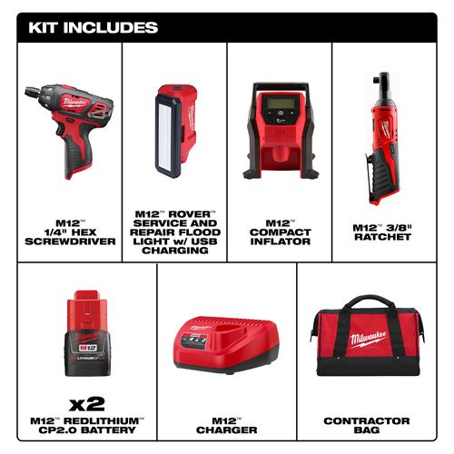Main product image of M12 Screwdriver, Flood Light, Inflater, Rachet Kit