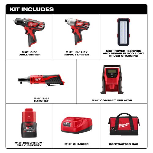 Main product image of M12 Drill/Driver, Impact Driver, Flood Light, Ratchet, Inflater Kit