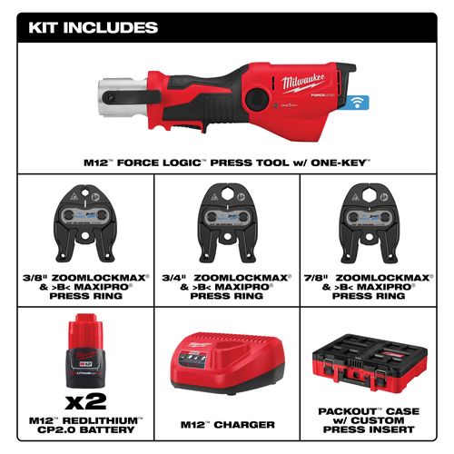 Main product image of M12 Force Logic Press Tool Kit w/ ONE-KEY & 3/8", 3/4" & 7/8" ZoomLock MAX & MaxiPro Jaws, 2573-22Z