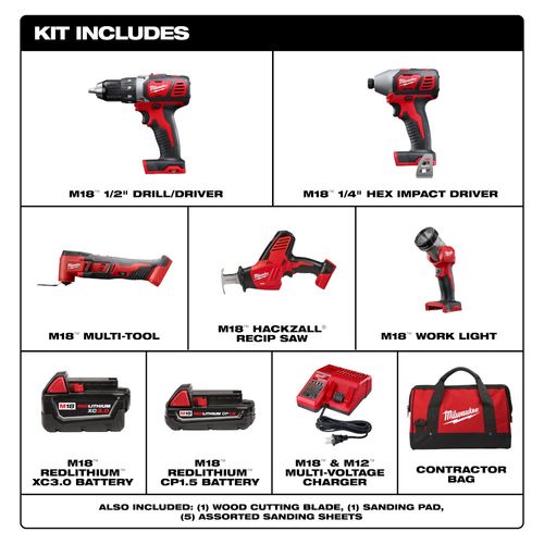 Main product image of M18 Drill/Driver, Impact Driver, Multi-Tool, HACKZALL Saw, Work Light Kit