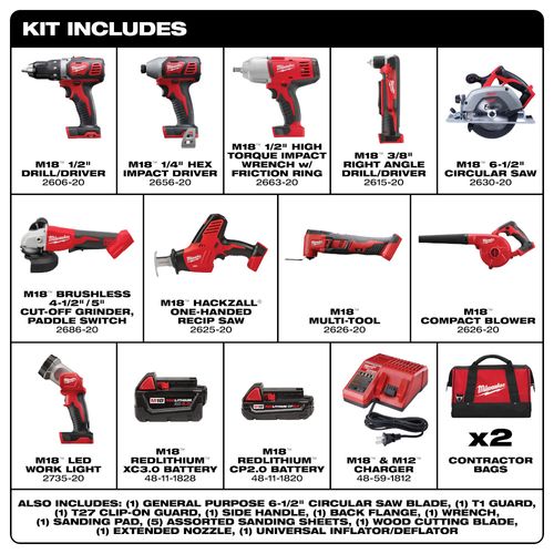 Main product image of M18 Drill/Driver, Impact Driver, Impact Wrench, Circ Saw, Angle Drill, Grinder, Light, HACKZALL Saw Kit