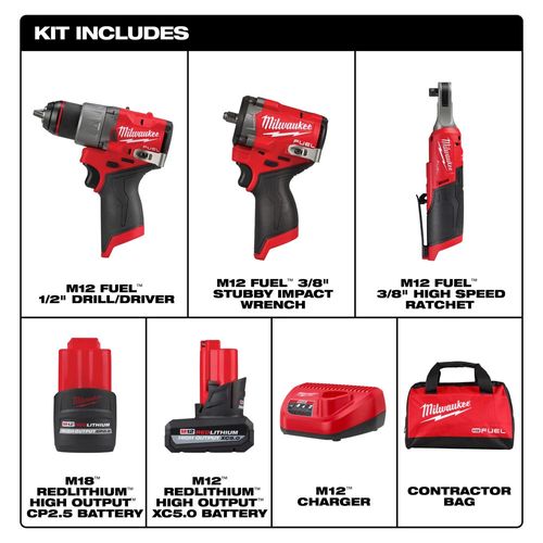 Main product image of M12 FUEL Impact Wrench, Drill/Driver, Ratchet Kit
