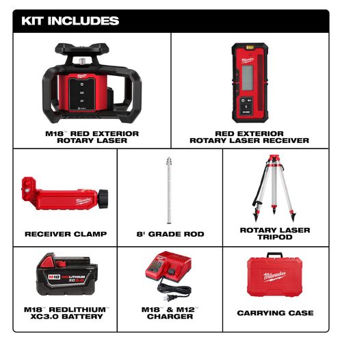 Main product image of M18 Red Exterior Rotary Laser Level Kit w/ Receiver, Tripod, & Grade Rod