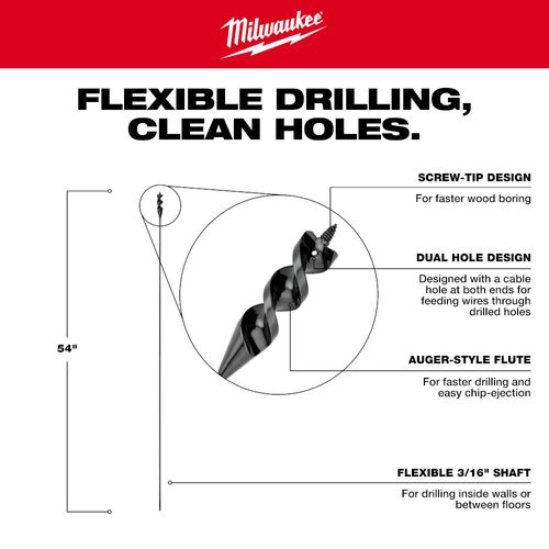 Main product image of 9/16" x 54" Flexible Cable Auger Bit (3 Piece)
