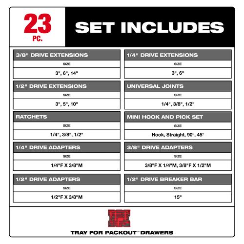 Main product image of 23 Piece 1/4", 3/8" & 1/2" Drive Ratchet & Accessory Set w/ Tray for PACKOUT Drawers, 48-22-0153
