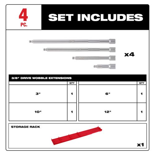 Main product image of 4 Piece 3/8" Drive Wobble Extension Set