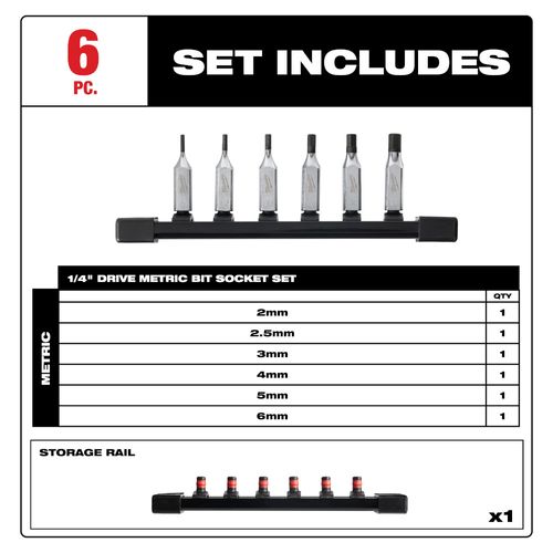 Main product image of 6 Piece 1/4" Drive Hex Bit Socket Set - Metric
