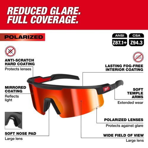 Main product image of Polarized Wraparound Safety Glasses w/ Red Mirrored Dual Coat Lenses, 48-73-2501