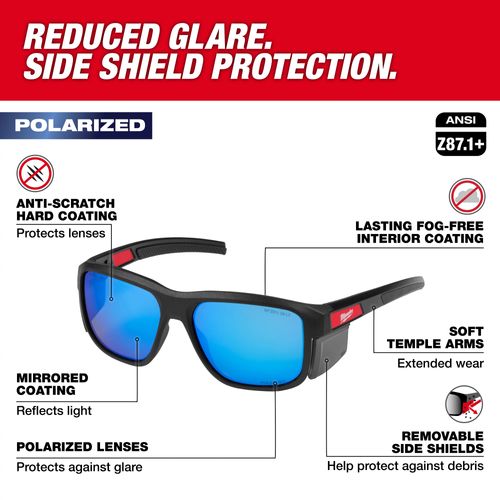 Main product image of Polarized Full Frame Safety Glasses w/ Removable Side Shields & Blue Mirrored Dual Coat Lenses, 48-73-2511