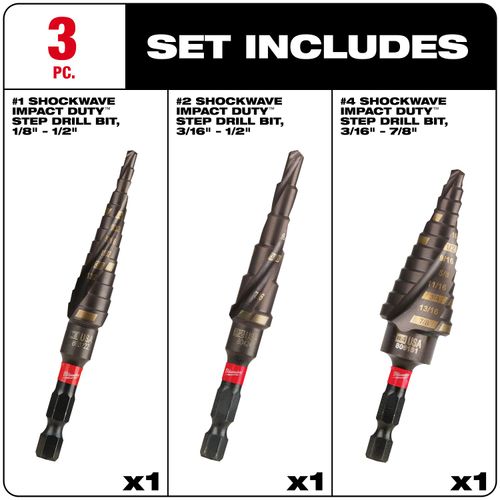 Main product image of 3 Piece Shockwave Impact Duty Titanium Step Drill Bit Set (#1, #2, #4)