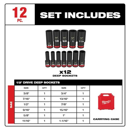 Main product image of 12 Piece SHOCKWAVE Impact Duty 1/2" Drive SAE Deep 6 Point Socket Set