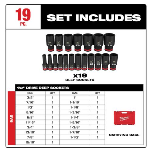 Main product image of 19 Piece SHOCKWAVE Impact Duty 1/2" Drive SAE Deep 6 Point Socket Set