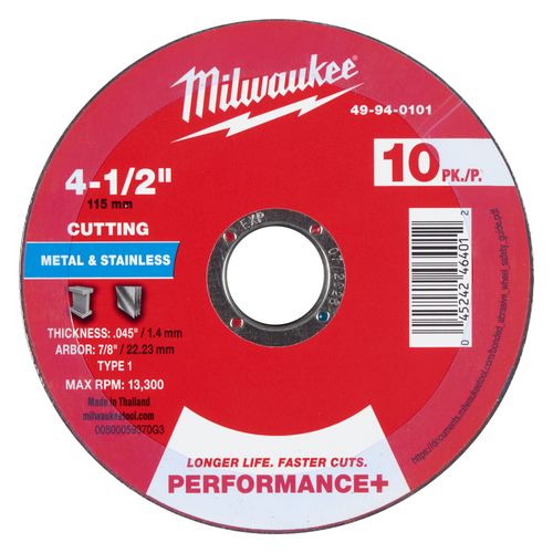 Main product image of 4-1/2" x .045" x 7/8" Performance & Metal Cut Off Wheel - Type 1 (10 Pack)