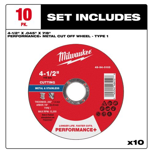 Main product image of 4-1/2" x .045" x 7/8" Performance & Metal Cut Off Wheel - Type 1 (10 Pack)