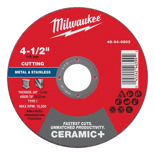 Main product image of 4-1/2" x .045" x 7/8" Ceramic & Metal Cut Off Wheel - Type 1