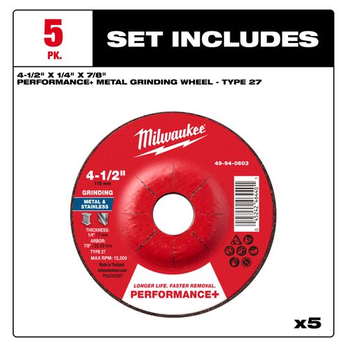 Main product image of 4-1/2" x 1/4" x 7/8" Performance & Metal Grinding Wheel - Type 27 (5 Pack)
