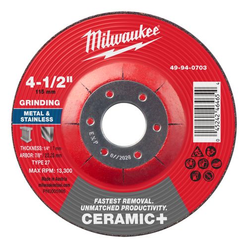 Main product image of 4-1/2" x 1/4" x 7/8" Ceramic & Metal Grinding Wheel - Type 27